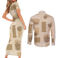 Vintage Lapita Couples Matching Short Sleeve Bodycon Dress and Long Sleeve Button Shirt Iconic Double Face Pattern Beige LT05 - Polynesian Pride