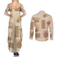 Vintage Lapita Couples Matching Summer Maxi Dress and Long Sleeve Button Shirt Iconic Double Face Pattern Beige LT05 - Polynesian Pride