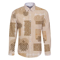 Vintage Lapita Family Matching Off The Shoulder Long Sleeve Dress and Hawaiian Shirt Iconic Double Face Pattern Beige