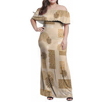 Vintage Lapita Family Matching Off Shoulder Maxi Dress and Hawaiian Shirt Iconic Double Face Pattern Beige