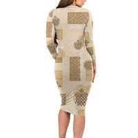 Vintage Lapita Long Sleeve Bodycon Dress Iconic Double Face Pattern Beige