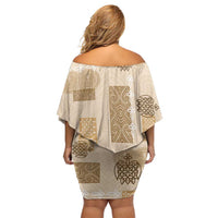 Vintage Lapita Off Shoulder Short Dress Iconic Double Face Pattern Beige
