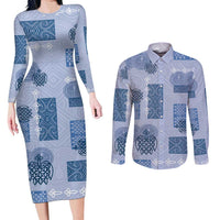 Vintage Lapita Couples Matching Long Sleeve Bodycon Dress and Long Sleeve Button Shirt Iconic Double Face Pattern Blue LT05 Blue - Polynesian Pride