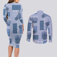 Vintage Lapita Couples Matching Long Sleeve Bodycon Dress and Long Sleeve Button Shirt Iconic Double Face Pattern Blue LT05 - Polynesian Pride