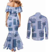 Vintage Lapita Couples Matching Mermaid Dress and Long Sleeve Button Shirt Iconic Double Face Pattern Blue LT05 - Polynesian Pride