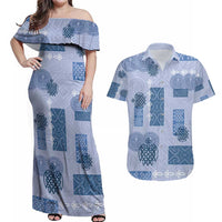 Vintage Lapita Couples Matching Off Shoulder Maxi Dress and Hawaiian Shirt Iconic Double Face Pattern Blue LT05 Blue - Polynesian Pride