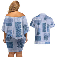 Vintage Lapita Couples Matching Off Shoulder Short Dress and Hawaiian Shirt Iconic Double Face Pattern Blue LT05 - Polynesian Pride