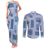 Vintage Lapita Couples Matching Tank Maxi Dress and Long Sleeve Button Shirt Iconic Double Face Pattern Blue LT05 Blue - Polynesian Pride