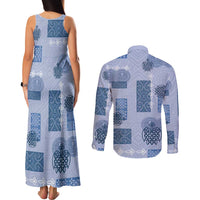 Vintage Lapita Couples Matching Tank Maxi Dress and Long Sleeve Button Shirt Iconic Double Face Pattern Blue LT05 - Polynesian Pride