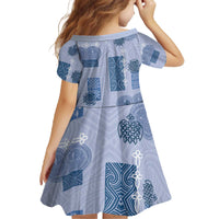 Vintage Lapita Family Matching Off The Shoulder Long Sleeve Dress and Hawaiian Shirt Iconic Double Face Pattern Blue
