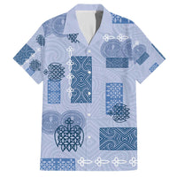 Vintage Lapita Family Matching Off The Shoulder Long Sleeve Dress and Hawaiian Shirt Iconic Double Face Pattern Blue