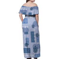 Vintage Lapita Family Matching Off Shoulder Maxi Dress and Hawaiian Shirt Iconic Double Face Pattern Blue