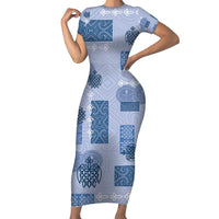 Vintage Lapita Family Matching Short Sleeve Bodycon Dress and Hawaiian Shirt Iconic Double Face Pattern Blue