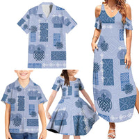 Vintage Lapita Family Matching Summer Maxi Dress and Hawaiian Shirt Iconic Double Face Pattern Blue