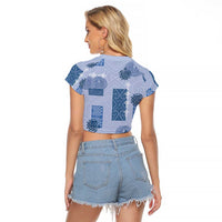 Vintage Lapita Raglan Cropped T Shirt Iconic Double Face Pattern Blue LT05 - Polynesian Pride