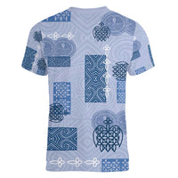 Vintage Lapita Women V-Neck T-Shirt Iconic Double Face Pattern Blue LT05 - Polynesian Pride