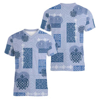 Vintage Lapita Women V-Neck T-Shirt Iconic Double Face Pattern Blue LT05 - Polynesian Pride