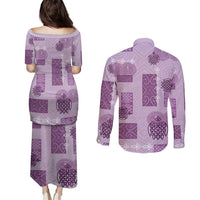 Vintage Lapita Couples Matching Puletasi and Long Sleeve Button Shirt Iconic Double Face Pattern Violet LT05 - Polynesian Pride