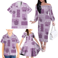 Vintage Lapita Family Matching Off The Shoulder Long Sleeve Dress and Hawaiian Shirt Iconic Double Face Pattern Violet