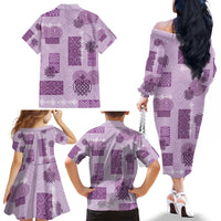 Vintage Lapita Family Matching Off The Shoulder Long Sleeve Dress and Hawaiian Shirt Iconic Double Face Pattern Violet