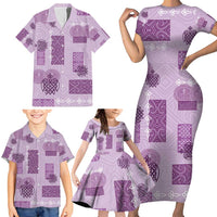 Vintage Lapita Family Matching Short Sleeve Bodycon Dress and Hawaiian Shirt Iconic Double Face Pattern Violet