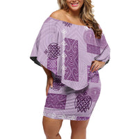 Vintage Lapita Off Shoulder Short Dress Iconic Double Face Pattern Violet