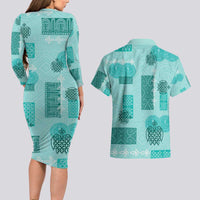 Vintage Lapita Couples Matching Long Sleeve Bodycon Dress and Hawaiian Shirt Iconic Double Face Pattern Turquoise LT05 - Polynesian Pride