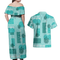 Vintage Lapita Couples Matching Off Shoulder Maxi Dress and Hawaiian Shirt Iconic Double Face Pattern Turquoise LT05 - Polynesian Pride