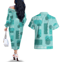 Vintage Lapita Couples Matching Off The Shoulder Long Sleeve Dress and Hawaiian Shirt Iconic Double Face Pattern Turquoise LT05 - Polynesian Pride