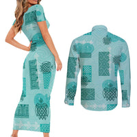 Vintage Lapita Couples Matching Short Sleeve Bodycon Dress and Long Sleeve Button Shirt Iconic Double Face Pattern Turquoise LT05 - Polynesian Pride