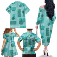 Vintage Lapita Family Matching Off The Shoulder Long Sleeve Dress and Hawaiian Shirt Iconic Double Face Pattern Turquoise LT05