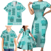 Vintage Lapita Family Matching Short Sleeve Bodycon Dress and Hawaiian Shirt Iconic Double Face Pattern Turquoise LT05
