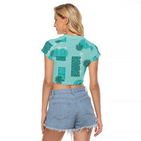 Vintage Lapita Raglan Cropped T Shirt Iconic Double Face Pattern Turquoise LT05 - Polynesian Pride