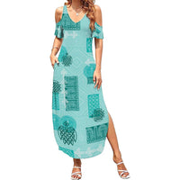 Vintage Lapita Summer Maxi Dress Iconic Double Face Pattern Turquoise LT05 Women Turquoise - Polynesian Pride