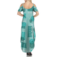 Vintage Lapita Summer Maxi Dress Iconic Double Face Pattern Turquoise LT05 - Polynesian Pride