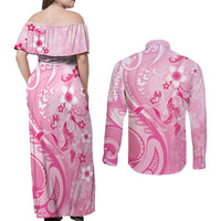 Personalised Memorial Pink Breast Cancer Awareness Couples Matching Off Shoulder Maxi Dress and Long Sleeve Button Shirt Plumeria Floral Tribal Pattern - Polynesian Pride
