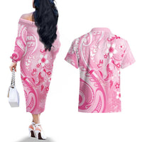 Personalised Memorial Pink Breast Cancer Awareness Couples Matching Off The Shoulder Long Sleeve Dress and Hawaiian Shirt Plumeria Floral Tribal Pattern - Polynesian Pride