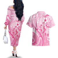 Personalised Memorial Pink Breast Cancer Awareness Couples Matching Off The Shoulder Long Sleeve Dress and Hawaiian Shirt Plumeria Floral Tribal Pattern - Polynesian Pride