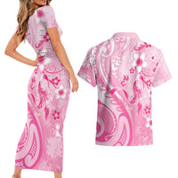 Personalised Memorial Pink Breast Cancer Awareness Couples Matching Short Sleeve Bodycon Dress and Hawaiian Shirt Plumeria Floral Tribal Pattern - Polynesian Pride