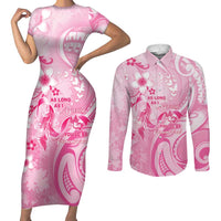 Personalised Memorial Pink Breast Cancer Awareness Couples Matching Short Sleeve Bodycon Dress and Long Sleeve Button Shirt Plumeria Floral Tribal Pattern - Polynesian Pride