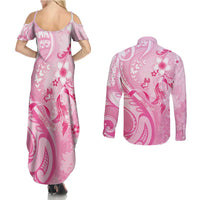 Personalised Memorial Pink Breast Cancer Awareness Couples Matching Summer Maxi Dress and Long Sleeve Button Shirt Plumeria Floral Tribal Pattern - Polynesian Pride