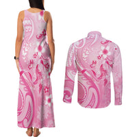 Personalised Memorial Pink Breast Cancer Awareness Couples Matching Tank Maxi Dress and Long Sleeve Button Shirt Plumeria Floral Tribal Pattern - Polynesian Pride