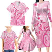 Personalised Memorial Pink Breast Cancer Awareness Family Matching Long Sleeve Bodycon Dress and Hawaiian Shirt Plumeria Floral Tribal Pattern - Polynesian Pride
