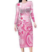 Personalised Memorial Pink Breast Cancer Awareness Family Matching Long Sleeve Bodycon Dress and Hawaiian Shirt Plumeria Floral Tribal Pattern - Polynesian Pride