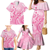 Personalised Memorial Pink Breast Cancer Awareness Family Matching Mermaid Dress and Hawaiian Shirt Plumeria Floral Tribal Pattern - Polynesian Pride