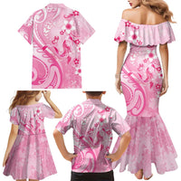 Personalised Memorial Pink Breast Cancer Awareness Family Matching Mermaid Dress and Hawaiian Shirt Plumeria Floral Tribal Pattern - Polynesian Pride