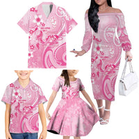 Personalised Memorial Pink Breast Cancer Awareness Family Matching Off The Shoulder Long Sleeve Dress and Hawaiian Shirt Plumeria Floral Tribal Pattern - Polynesian Pride