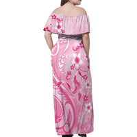 Personalised Memorial Pink Breast Cancer Awareness Family Matching Off Shoulder Maxi Dress and Hawaiian Shirt Plumeria Floral Tribal Pattern - Polynesian Pride