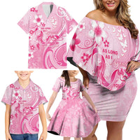 Personalised Memorial Pink Breast Cancer Awareness Family Matching Off Shoulder Short Dress and Hawaiian Shirt Plumeria Floral Tribal Pattern - Polynesian Pride