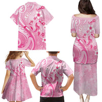 Personalised Memorial Pink Breast Cancer Awareness Family Matching Puletasi and Hawaiian Shirt Plumeria Floral Tribal Pattern - Polynesian Pride